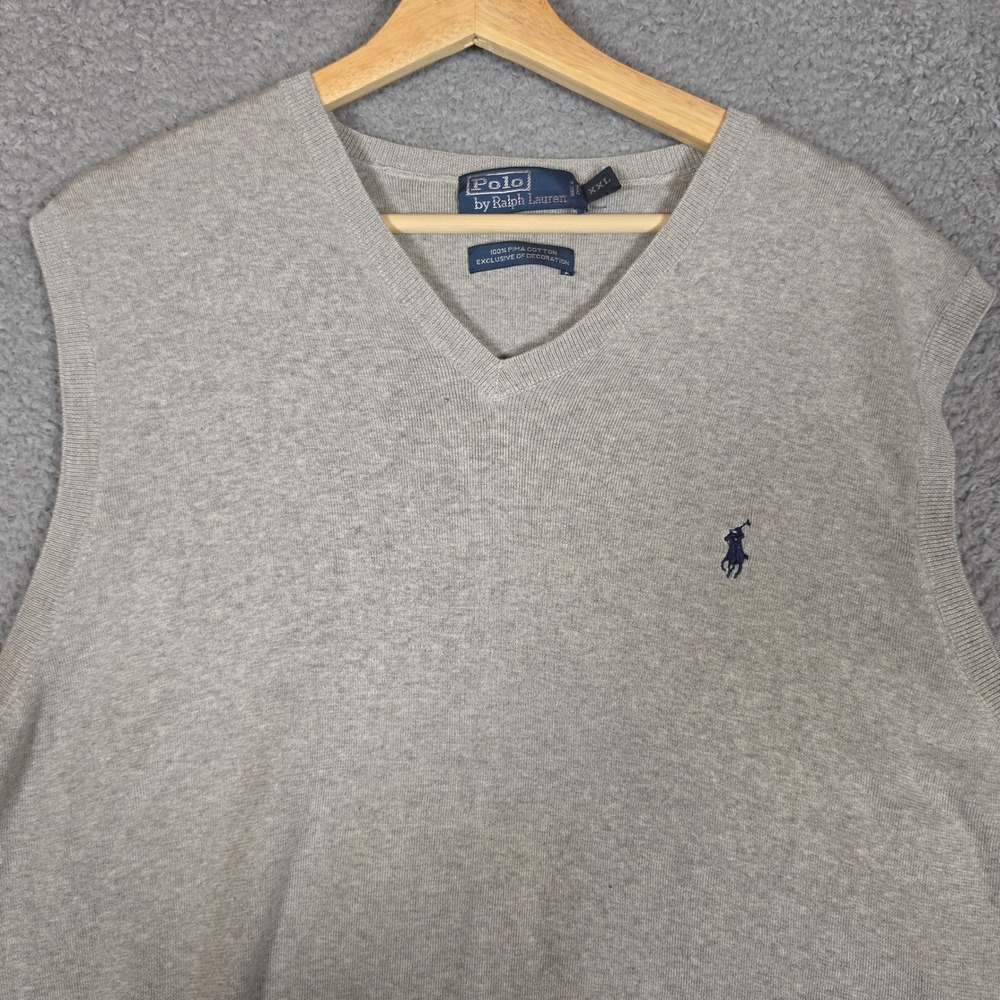 Polo Ralph Lauren Sweater Vest Mens XXL Gray Excellent Pima Cotton V-Neck Logo